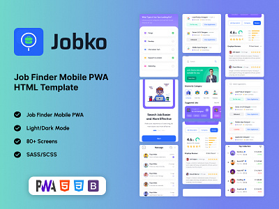 Jobko | Job Finder Mobile PWA HTML Template ecommerce jobboard jobfindertemplate pwa shopifyapps techsolutions uiux webdesign webdevelopment