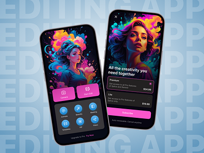 Editing App app clean dark mode design editing editing app minimal mobile app photo app subscription ui uiux ux