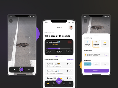 Road issues reporting system bottom menu camera app city dark mode dashboard figma home screen issues list mobile app modern design municipality progress progress bar reports road issues roads ui violet yellow
