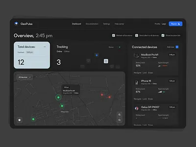 Geopulse dashboard concept app dark dashboard design flat home layo map overview page product saas stats studio ui ux website