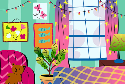 Green Maximalist Bedroom Illustration graphicook pillows