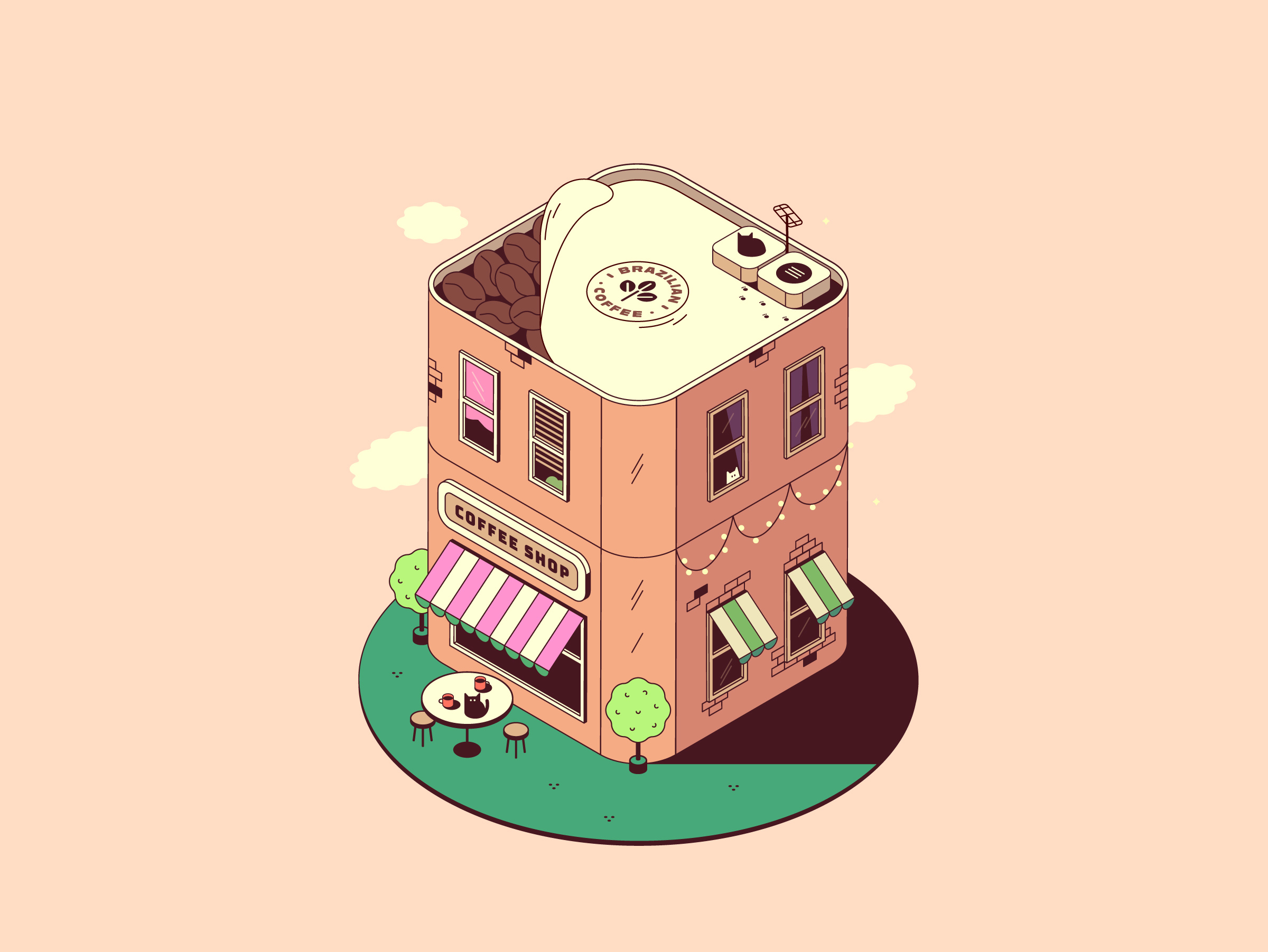 Isometric Coffee Shop 2d bold branding building cafe can cartoon style city coffee colourful cute design detailed flat illustration isometcic isometry map shop vector