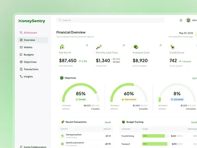 MoneySentry - Personal Finance Dashboard 3d analytics chart dashboard design expense figma finance gradient green illustration insights ui uiux ux web