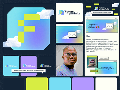 Retrofuturistic Newsletter Branding - Futurs Imparfaits blue bold colors branding desktop email flat futuristic gradient graphic design logo logo design mobile neon newsletter purple retrofuturism tech ui visual design web