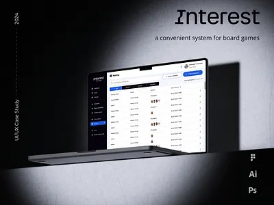 Interest - a convenient system for board games animation boardgames calendar dark darkmode dashboard designsystem gameapp games laptop mafia management schedule table tablet tracker tv web