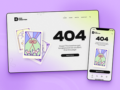 404 page for a dog-walking app 404 404page app cards design dog error illustration landing page modern pets purple ui uiuxdesign ux vector vectorillustration vectors webdesign website