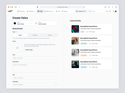 Fish Audio – Voice Creation on a SaaS AI Audio Generation ai audio generation ai tool ai voice platform audio tech dashboard design product design saas saas design saas platform ui ux voice ai voice generation voice model voice model builder web app web design