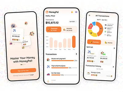 MoneyPal - a Personal Finance App Design app chart expenses exploration finance financial income mobile app money split bill transaction ui uiux user interface