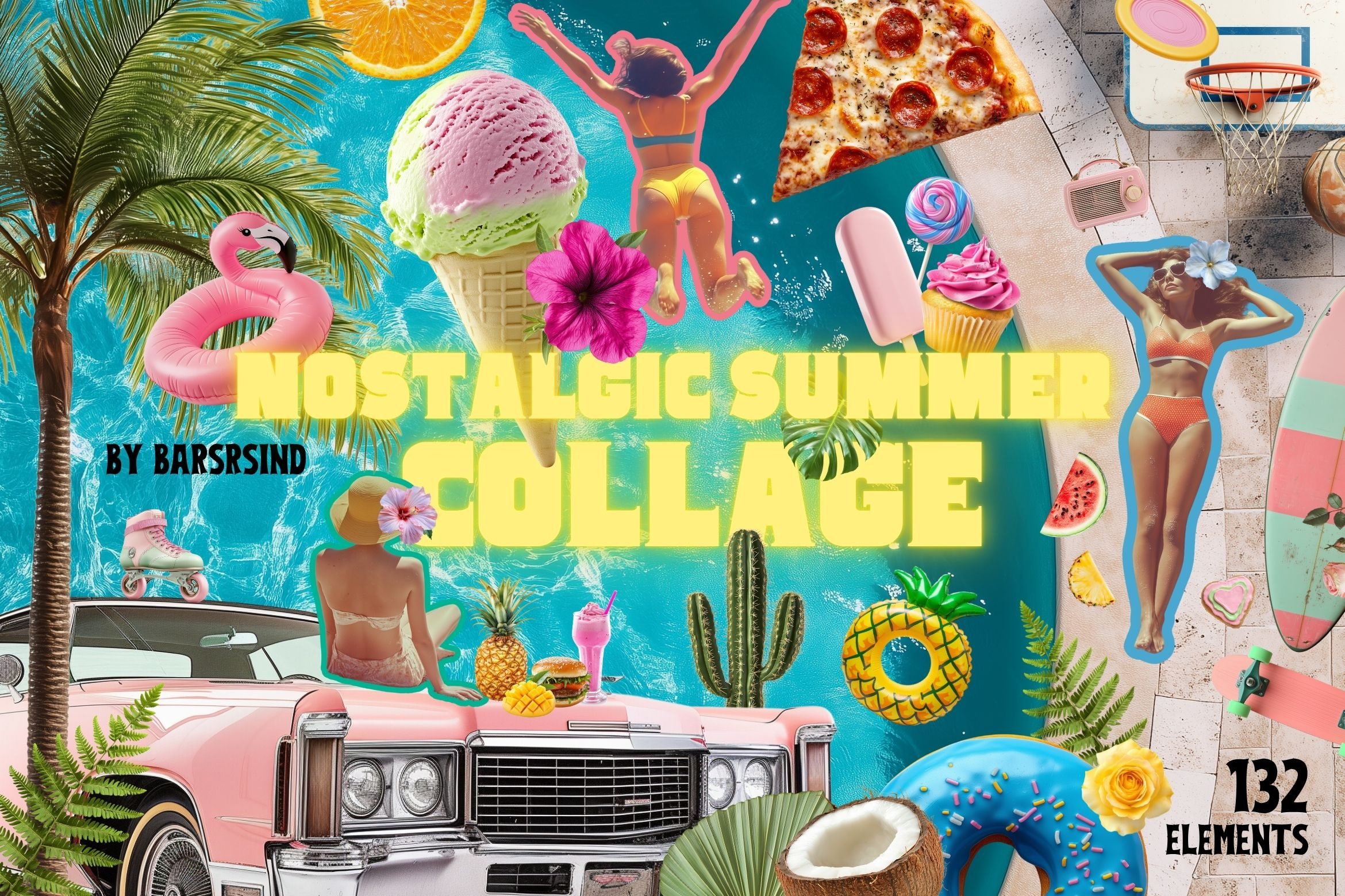 Retro Nostalgic Summer Collage Pack background beach collage digital element fruit fun nostalgic overlay pack picnic plant poolside set