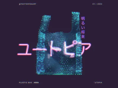 006 — Utopia 3d ai animation apocalyptic art artwork cyberpunk digital art gallery hologram holographic japanese laser motion graphics neon pink plastic bag post apocalyptic teal utopia