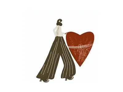 Happy woman throws up a big heart like a ball. woman