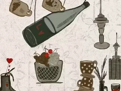 Illustration with grunge hand-drawn healthy food and kitchen. board