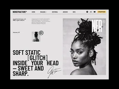 NOISEFRACTURE — VOL.07: Music Editorial — Visual Identity & Typo art direction bold typography editorial editorial design editorial layout figma landing page layout minimalist modern music typography ui uiux