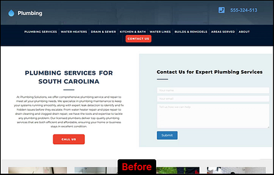 Pumbing Desktop Website - First Visible Screen abovethefold contactform conversion conversionrateoptimization customercontact desktop digitalmarketing figma herosection lead leadgeneration leads plumbing redesign sales userexperience userexperiencedesign ux uxui website