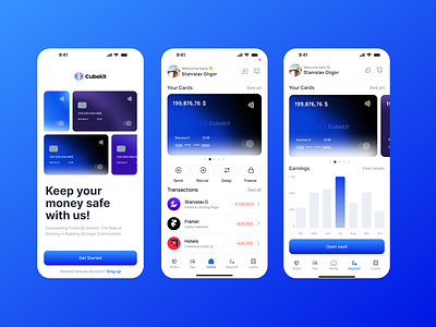 Cubekit • Banking App UI Concept appdesign banking bankingapp blue card chart dailyui designinspiration dribbble figma financialapp fintech glow gradient interfacedesign productdesign uiconcept uidesign uxdesign wegrow