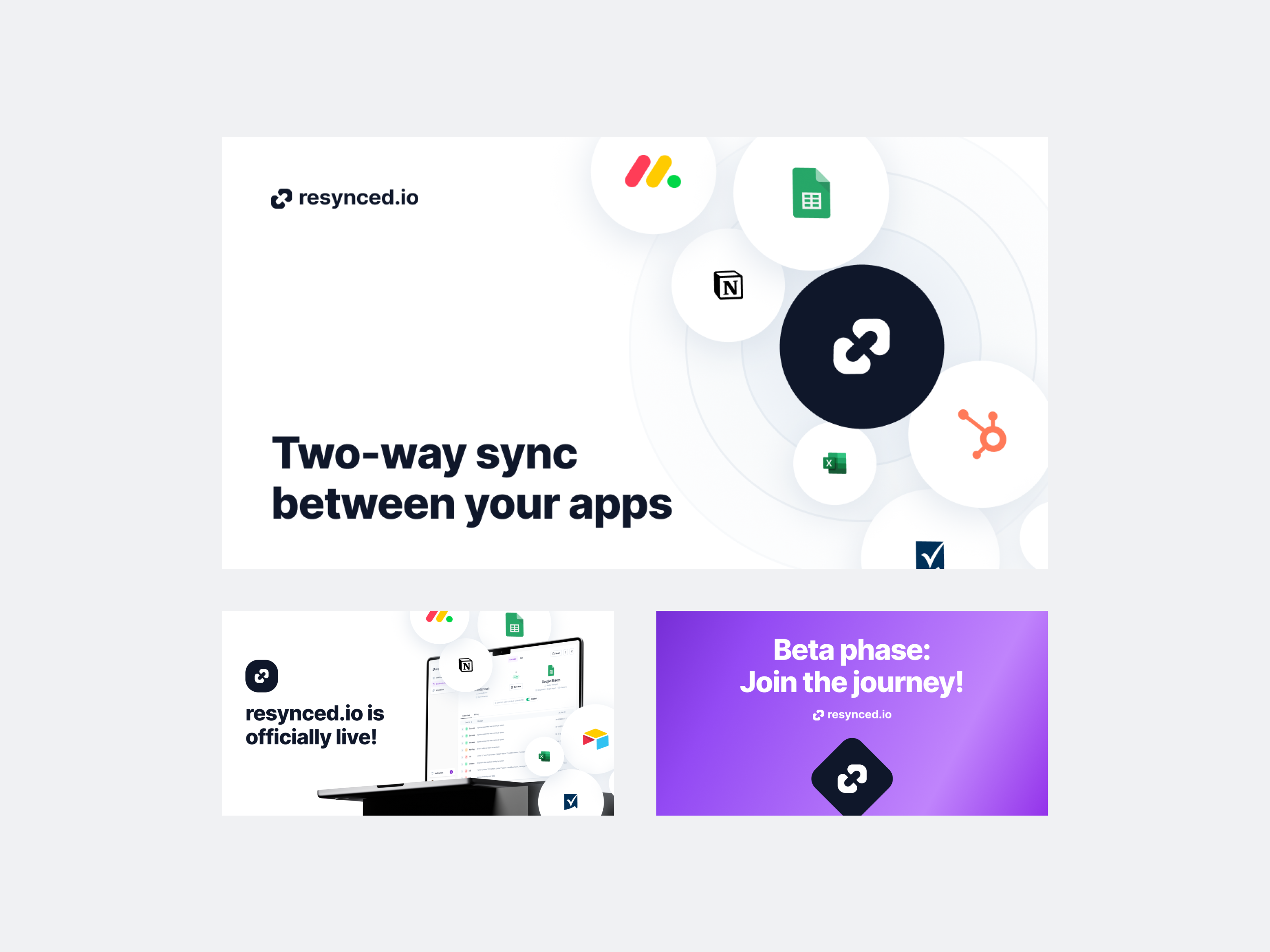 marketing stuff for resynced.io banner circles data graphic design hubspot integration mapping marketing mockup notion promo resynced saas sync table white