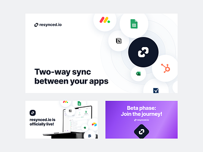 marketing stuff for resynced.io banner circles data graphic design hubspot integration mapping marketing mockup notion promo resynced saas sync table white