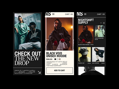 Nightshift Supply — Streetwear Mobile Ecommerce App Design add design app bold typography clothes dark ui ecommerce editorial editorial design fashion grid mobileconcept modern streetwear typography ui urban uxui