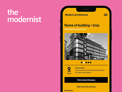 The Modernist | Lifestyle brutalism guidedtours hig interactivemap ios material design minimalui mobile app modernistarchitecture ui ux