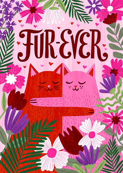 Fur-Ever Greeting Card Illustration cat friendship greeting card illustration love stationery