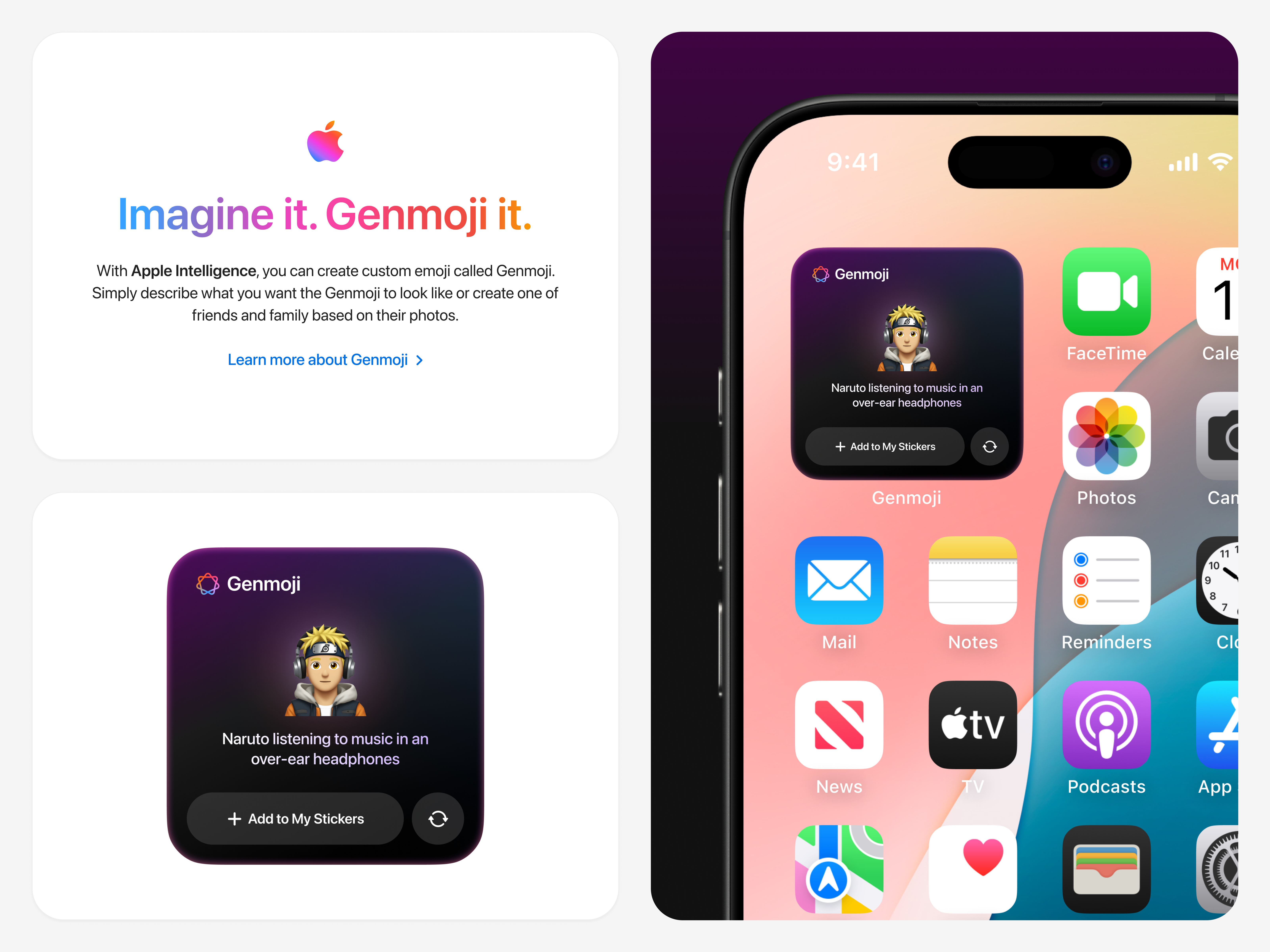 Apple Intelligence - Genmoji Widget ai apple apple intelligence bento cards design emoji genmoji ios iphone mobile mobile app product design prompt sticker ui widgets
