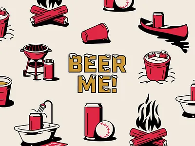Beer Me! Pattern Illustrations barbecue baseball beer beer can beer me! brewery bucket campfire camping canoe charcoal craft beer frosty illustration merch design pattern shower small business solo cup weekend