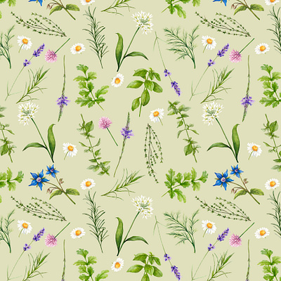 Cottagecore Herb Garden apothecary botanical pattern cottagecore herbs kitchen garden nature packaging pattern pattern design pattern for licensing surface pattern watercolour pattern wildflowers