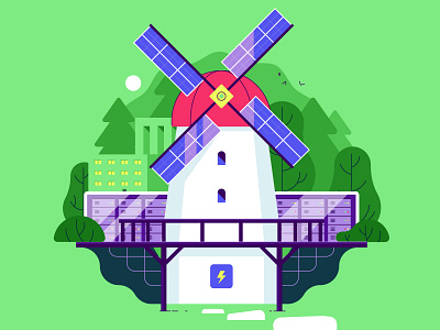 Sunly Green Energy Production Illustration bright electricity energy geometric green green energy hellsjells illustration infusion nature power production return servers solar solar panels sunly technology trees windmill