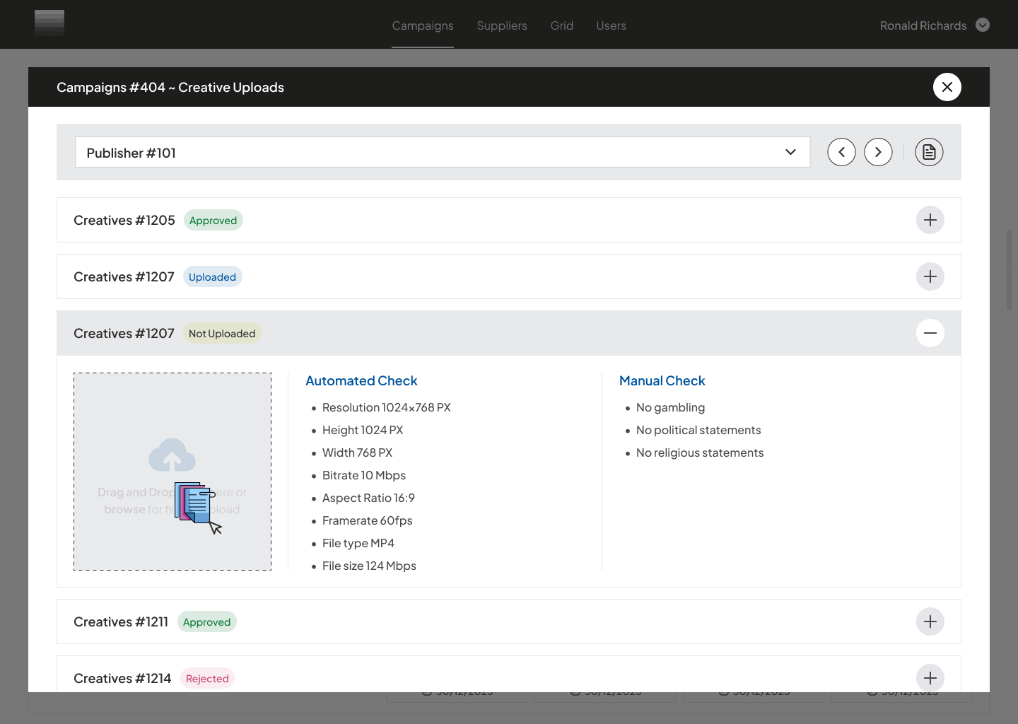 Creative Submission Animation: Upload & In-App Criteria Analysis approvalprocess approvalworkflow b2bplatform campaignmanagement creativeapproval creativereview criteriacheck fileupload