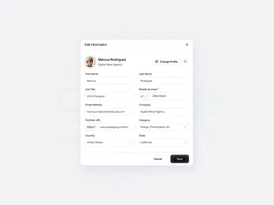 Profile Edit Model figma figma design landing page landing page design ui ui component ui design ui model uiux user experience user experience design user interface user interface design ux ux design web web design website website design
