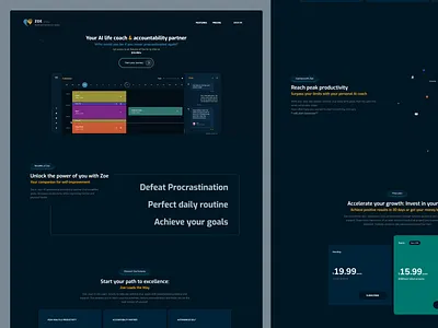 Zoe | AI Accountability partner web design 3d activity ai animation artificial blue calendar design goal intelligence motion graphics motivation productivity routine suggestion ui ux website yellow zoe