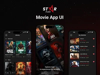 StarFlex - Movie App UI cinematic ui clean ui dark mode ui entertainment app figma design home screen design media app ui mobile app ui modern app design movie app design netflix clone ott platform ui responsive ui starflex app streaming app ui tv app ui ui ux design user interface video app ux video streaming