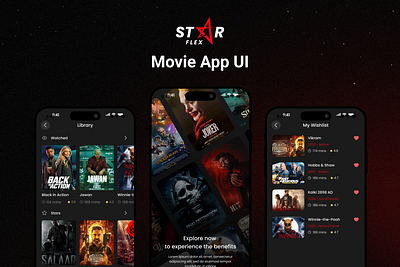 StarFlex - Movie App UI cinematic ui clean ui dark mode ui entertainment app figma design home screen design media app ui mobile app ui modern app design movie app design netflix clone ott platform ui responsive ui starflex app streaming app ui tv app ui ui ux design user interface video app ux video streaming