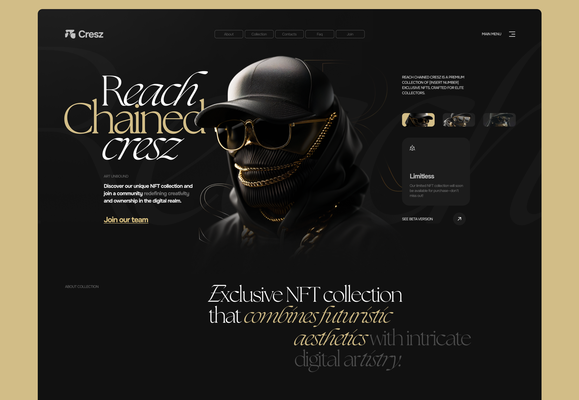 NFT Landing Page branding chain colletcion creativedesign crypto luxury money nft reach ui webdesign