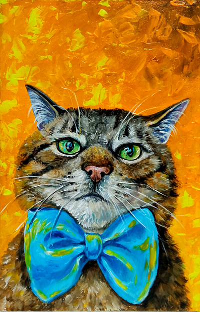 Acrylic Portrait of Ukrainian Cat Stepan, Ukraine Flag Colors art cat hand painted handmade paint painting pet portrait ukraine ukrainian