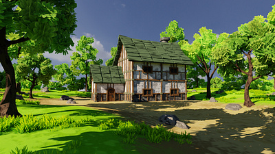Medieval House 5 With Environment Low-poly 3D model 3d 3dartwork 3dmodel art blender3d design environment exterior flower forest game grass house landscape lowpoly medieval render3d rocks tree