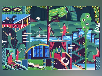 Dreamscapes Beyond the Garden Wall alternate reality artistic escape bold shapes conceptual storytelling creative imagination dream world eye symbolism fantasy scene floating figures imaginative concept magical forest pop surrealism psychedelic art storybook illustration surreal landscape surreal nature vector fantasy vibrant colors visual journey whimsical design