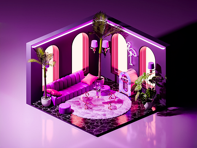 Retro Neon Lounge Interior Design 3d visualization colorful decor disco style dream space funky vibe isometric room luxury setup modern retro neon lounge nostalgic design palm plants pink palette playful interior plush furniture pop aesthetic retro interior vaporwave room vibrant lights vintage vibes visual mood