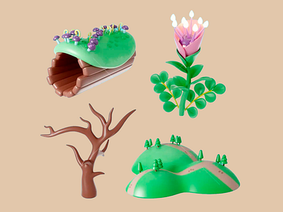 Whimsical 3D Nature Elements 3d illustration 3d nature cartoon forest environment props fantasy landscape fantasy tree foliage assets forest set game environment glowing flower hollow log landscape modeling lowpoly nature magical plants nature concept organic elements playful design stylized assets surreal nature vibrant textures