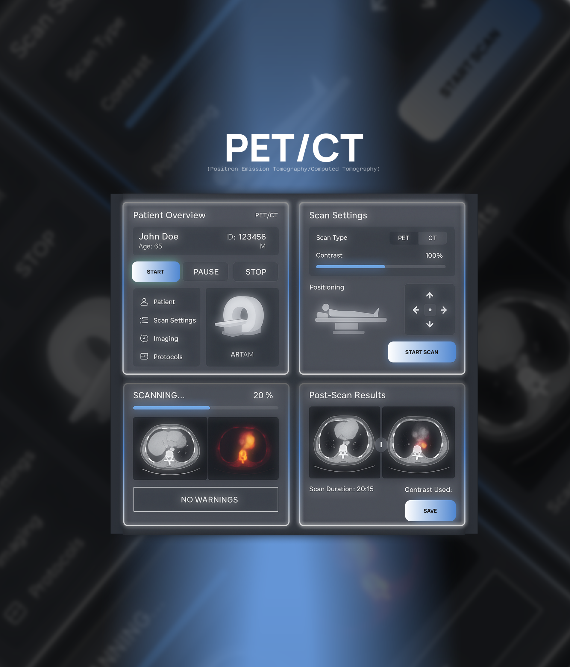 Next-Gen Biomedical Imaging UI – PET/CT Control Panel 3d animation biomedical engineering graphic design healthcare hospital logo medtech medtechui motion graphics patient radiologyui scan tech treatment ui