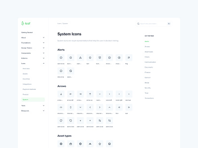 System Icons - Leaf Design System component design system documentation foundations icon iconography icons mobile product design style guide ui web design