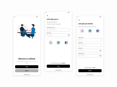 JobSeek – Clean Light Mode Login & Registration UI for Android A branding graphic design ui