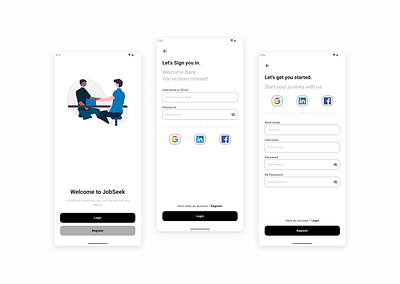 JobSeek – Clean Light Mode Login & Registration UI for Android A branding graphic design ui