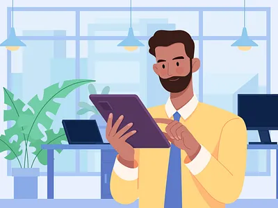 Ask Questions business character company computer flat illustration ipad man office remote vector work