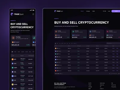 Crypto Exchange Markets - TradeSpot clean crypto cryptocurrency currency dark dashboard design exchange interface markets mobile product responsive trade trading ui ux wallet web web app