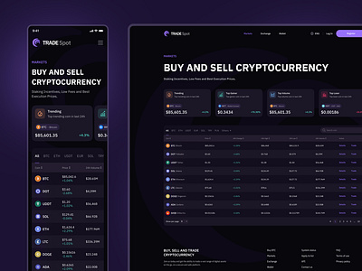 Crypto Exchange Markets - TradeSpot clean crypto cryptocurrency currency dark dashboard design exchange interface markets mobile product responsive trade trading ui ux wallet web web app