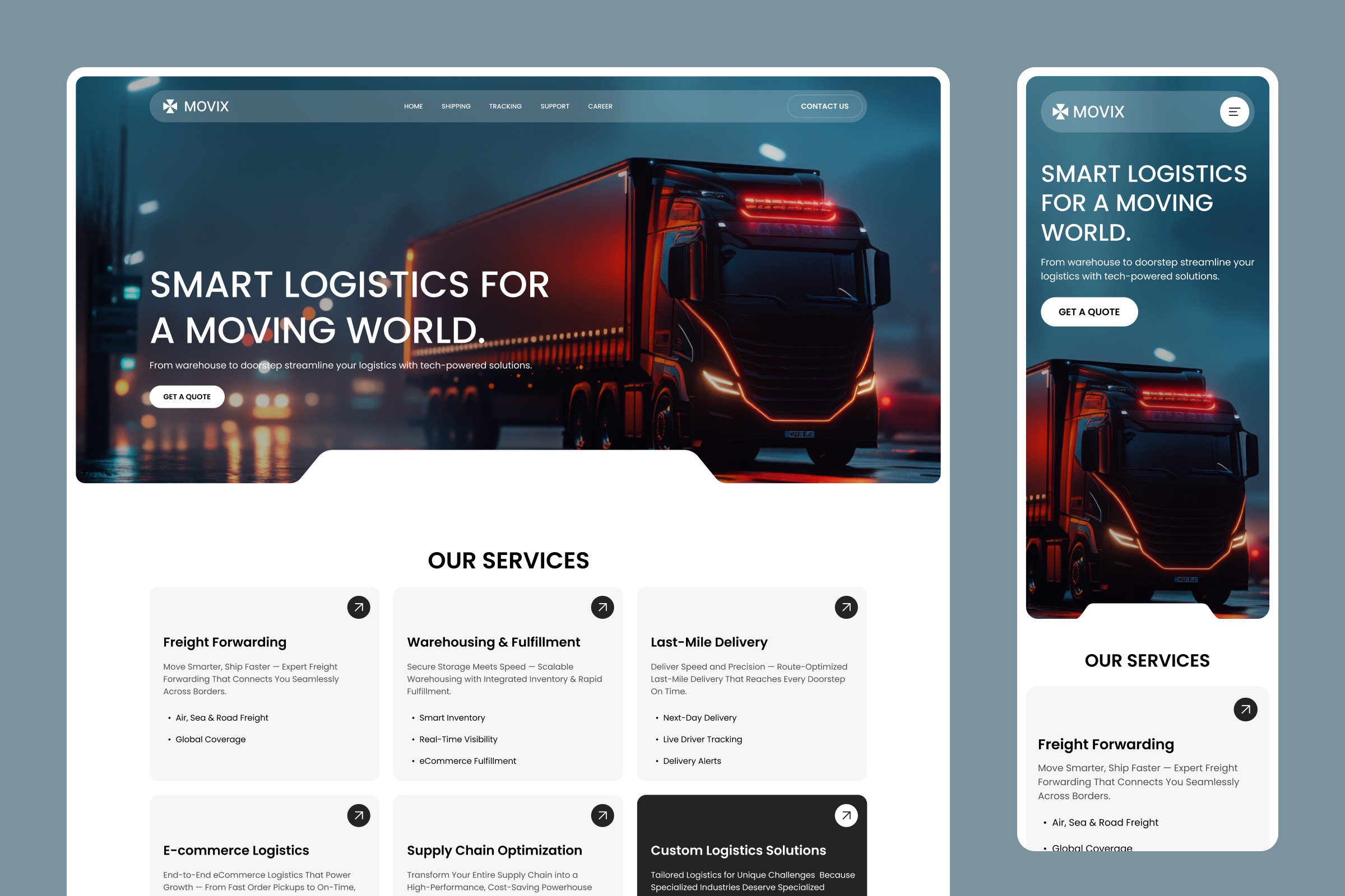 Movix - Smart Logistics Landing Page business website cargo container courier delivery freight landing page logistics package shipment shipping shipping website tracking transport transportation trucking user experience warehouse web design