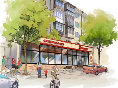 Supermarket Facade Sketch architecture art branding car design digital art graphic design illustration people sketch store supermarket vector