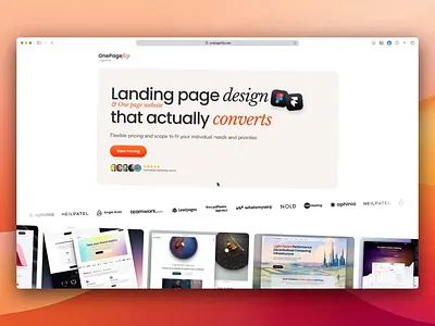 OnePageFlip - Landing page design service design agency design service design studio figma framer freelancer home page landing page landing page design one page one page website portfolio price configuration pricing pricing model spline testimonials ui design ux design web design
