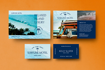 Beach Brand Identity Set beach branding business card graphic design logo marketing ocean palm tree post card surf travel